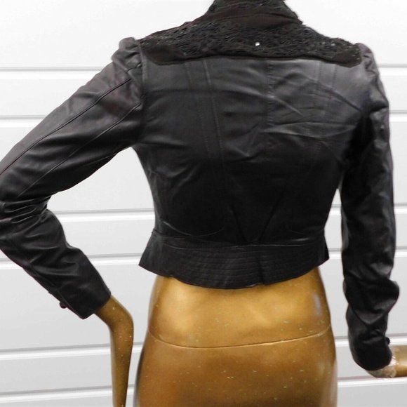 New Jon $968rt Brown Leather Beaded Sequin Jacket sz 6‎ - Picture 3 of 5